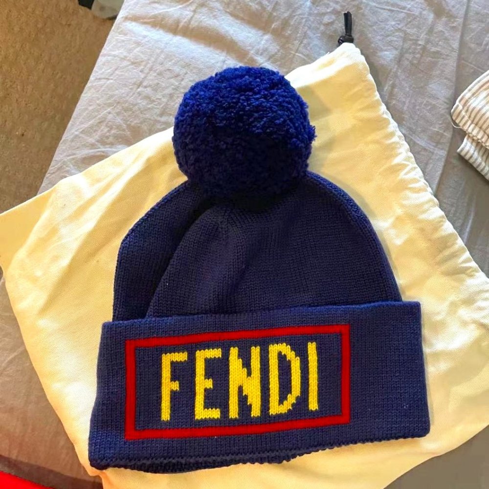 Fendi Blue Logo Intarsia Knit Wool Beanie